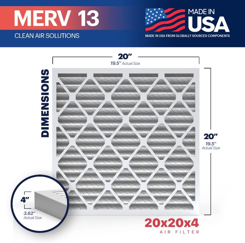 Photo 1 of BNX TruFilter 20x20x4 (19.5’’ x 19.5’’ x 3.63‘’ Slim Fit) MERV 13 Air Filter (2-Pack) - MADE IN USA - Air Conditioner HVAC AC Furnace Filters Health, Allergies, Mold, Bacteria, Smoke, MPR 1900 FPR 10