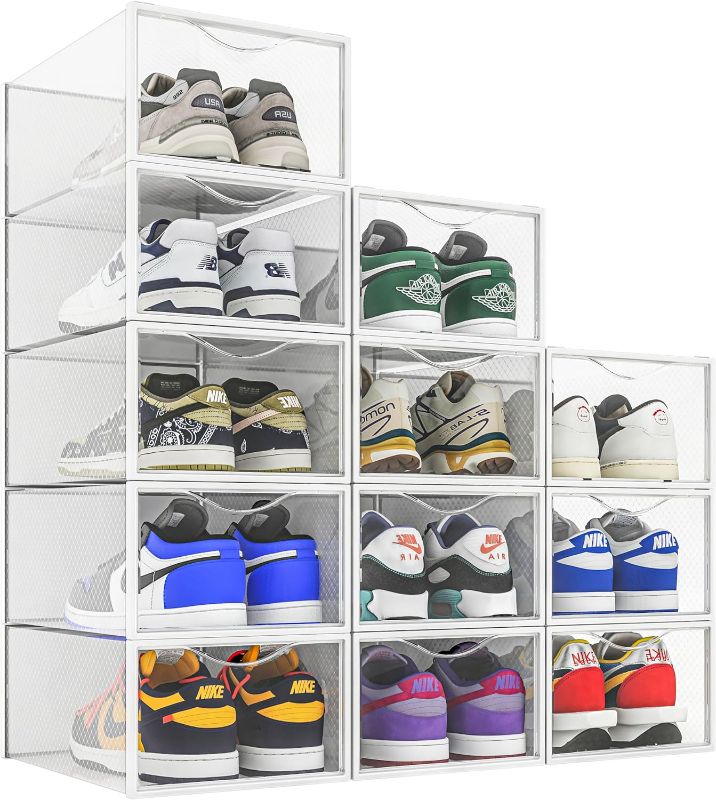 Photo 1 of 12 Pack Shoe Storage Bins, Clear Plastic Stackable Shoe Organizer for Closet, Space Saving Foldable Shoe Rack, Shoe Box Sneaker Holder Container