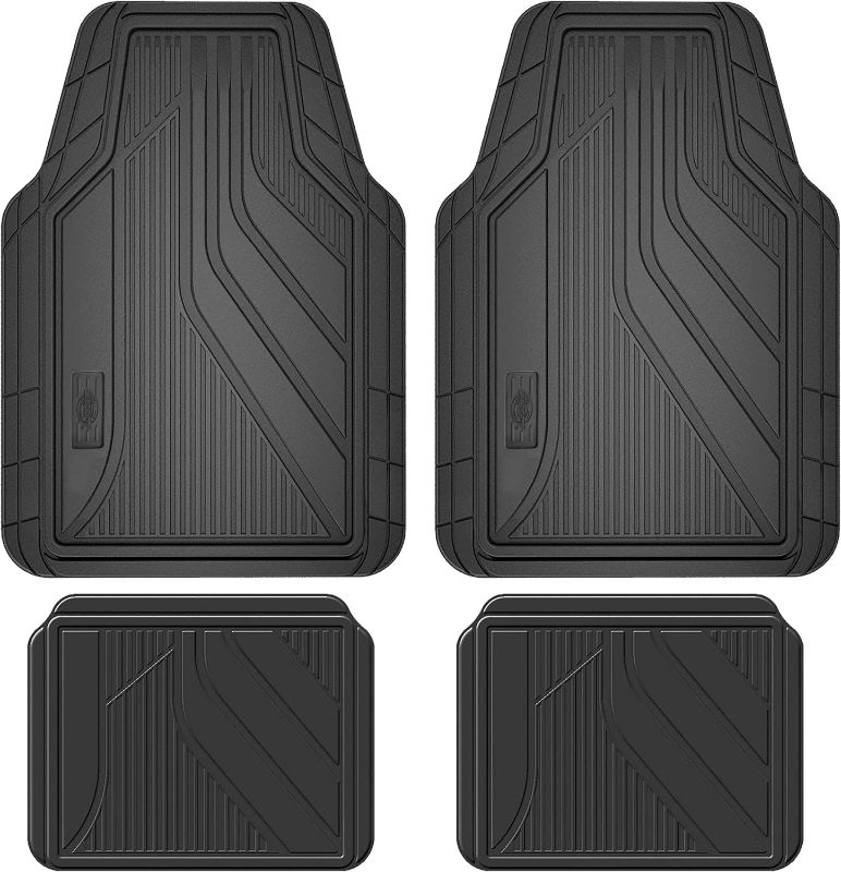 Photo 1 of  4-Piece All-Weather Floor Mats, Heavy-Duty Rubber Liners, Universal Trim-to-Fit Custom Auto Mats, Anti-Slip Design, All-Season Automotive Protection, Vehicles, Cars, Trucks, and SUVs (Black)