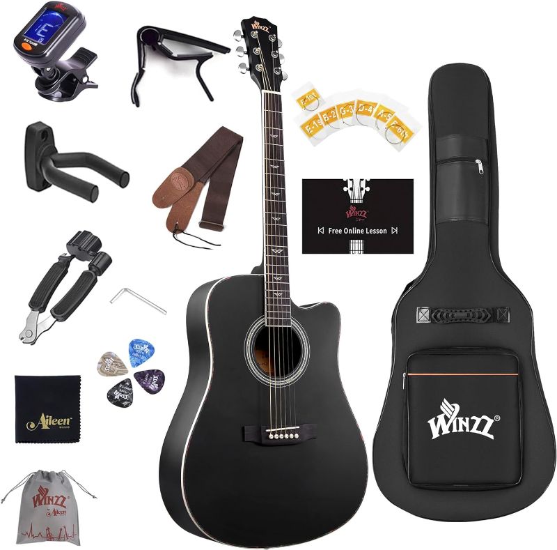 Photo 1 of WINZZ 6 Steel-String, Spruce Acoustic Guitar Bundle for Adult Beginners Students with Advanced Kit, Right Hand, Black, 41 Inches (AF168C-41-BK-V)