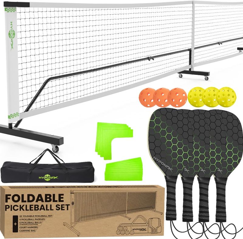 Photo 1 of Foldable Pickleball Set with Net – w/Wheels, Paddles, Balls & Markers – Easy Storage w/Folding Pickle Ball Net Portable Outdoor - Pickle Ball Net for Driveway - Portable Pickleball Net System