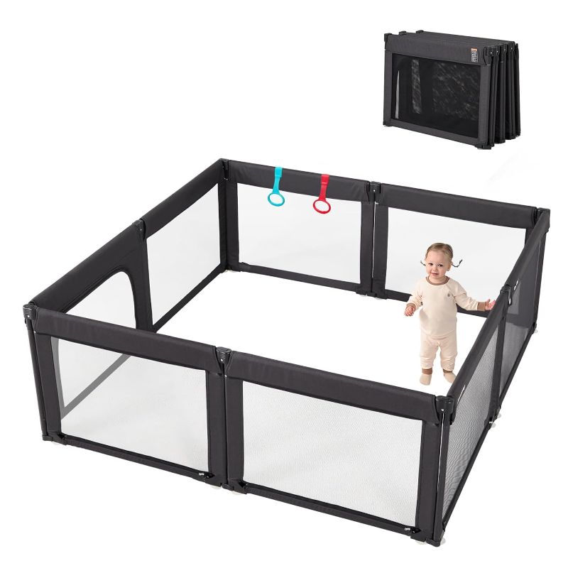 Photo 1 of Baby Playpen Foldable, Shape & Size Adjustable Playpen for Toddler, 79x71 Large Baby Play Pens Safety Mesh Foldable Playard for Babies, Portable Baby Fence Play Area Kids Play Pen, Black