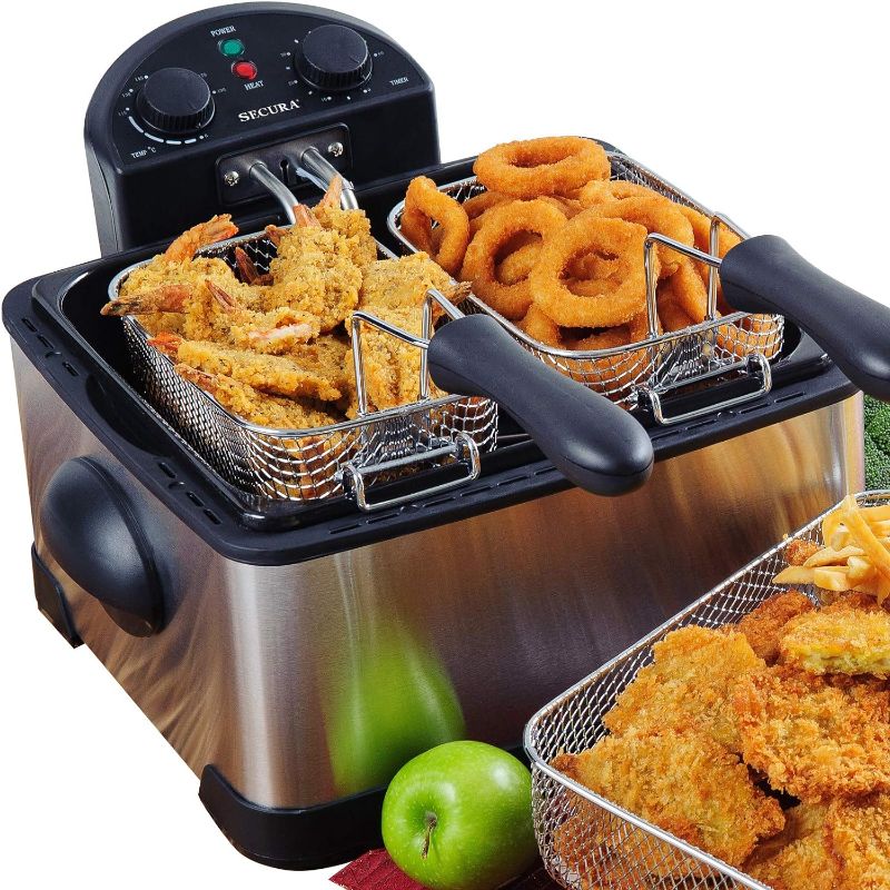 Photo 1 of Secura 1700-Watt Stainless-Steel Triple Basket Electric Deep Fryer with Timer Free Extra Odor Filter, 4L/17-Cup,Silver