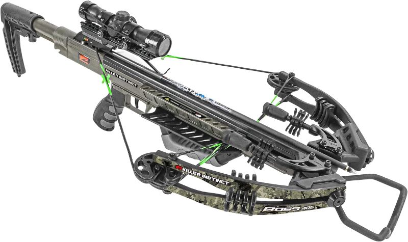 Photo 1 of KILLER INSTINCT Boss 405 Crossbow Pro Package with 4x32 IR-W Scope, Rope Cocker, String Suppressors, 3-Bolt Quiver, 3 Hypr Lite Bolts and Field Tips, Stick of Rail Lube