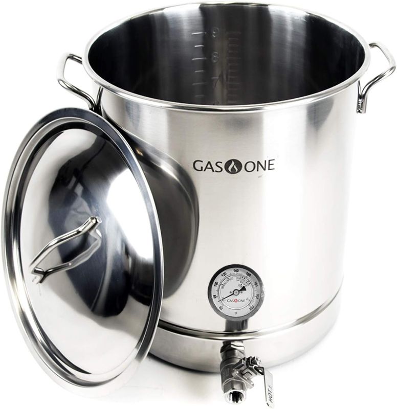 Photo 1 of GasOne BS-40 Stainless Steel Kettle Pot Pre Drilled 4 PC Set Quart Tri Ply Bottom for Beer Includes Lid, Thermometer, Ball Valve Spigot-Home Brewing Supplies, 40 QT/10 GALLON