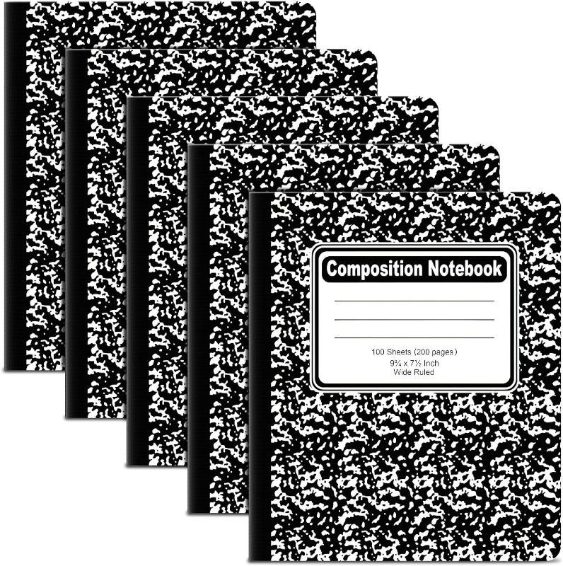 Photo 1 of Composition Notebooks Wide Ruled Paper 5 Pack, 9-3/4" x 7-1/2" 100 Sheets per Book, Black Marble Covers Composition Books Bulk, Lined Note-Taking Journal Notebooks Ideal for School Supplies