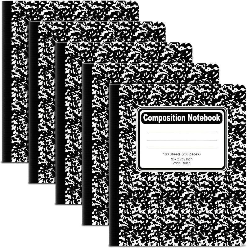 Photo 2 of DORFAS Composition Notebooks Wide Ruled Paper 5 Pack, 9-3/4" x 7-1/2" 100 Sheets per Book, Black Marble Covers Composition Books Bulk, Lined...