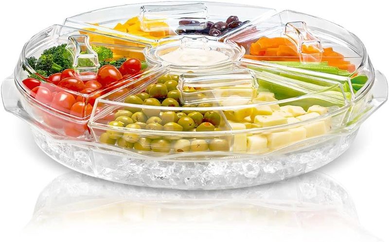 Photo 1 of Chef's Star Clear Extra Large Acrylic Appetizer Serving Tray, 8 Compartment Vegetable Tray with Lid, Shrimp Cocktail Serving Dish, Large Iced Food Platter for Breakfast, Lunch, Dinner, Picnics Parties