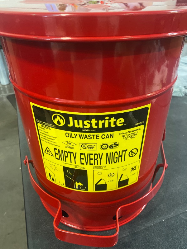 Photo 2 of Justrite Just Rite 6 Gallon Oily Waste Can, Red, 15.9/