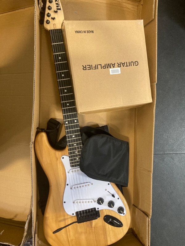 Photo 2 of LyxPro Electric Guitar 39" inch Full Beginner Starter kit Full Size with 20w Amp, Package Includes All Accessories, Digital Tuner, Strings, Picks, Tremolo Bar, Shoulder Strap, and Case Bag - Natural