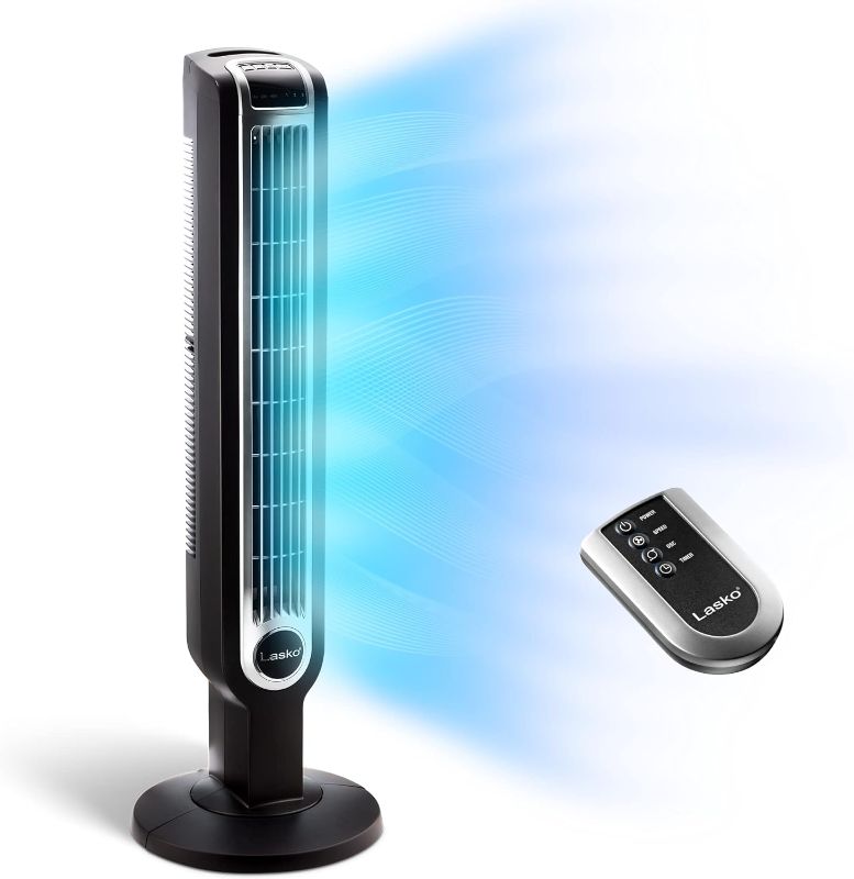 Photo 1 of Lasko Oscillating Tower Fan, 3 Quiet Speeds, Timer, Remote Control, for Bedroom, Kitchen, Office, 36", Black,