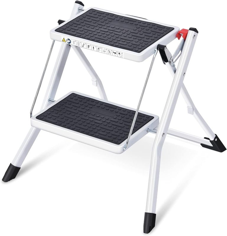 Photo 1 of  Folding Step, 2 steps Stepladder, Foldable, Ladder with Non-Slip Rubber mat, Step Stool with Release Button, Lightweight Steel, for up to 150 kg.