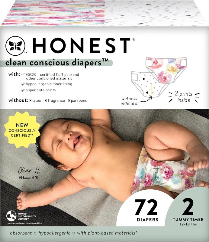 Photo 1 of The Honest Company Clean Conscious Diapers | Plant-Based, Sustainable | Young at Heart + Rose Blossom | Club Box, Size 2 (12-18 lbs), 72 Count