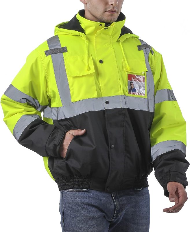 Photo 1 of Mens High Visibility Jacket Waterproof with Hood, Reflective Hi Vis Winter Jacket, Safety Work Yellow Jackets for Men Size L