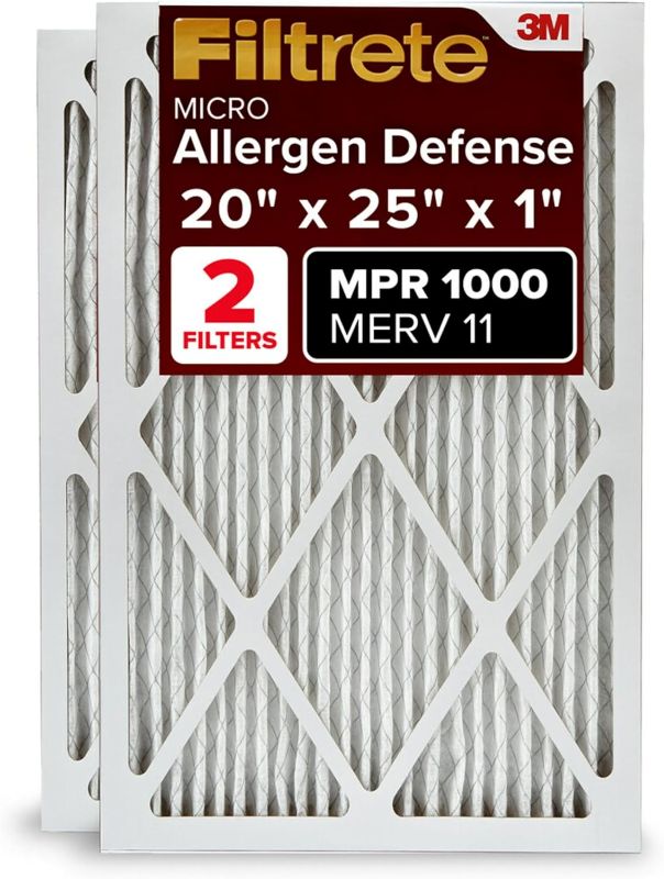 Photo 1 of 
Filtrete 20x25x1 AC Furnace Air Filter, MERV 11, MPR 1000, Micro Allergen Defense, 3-Month Pleated 1-Inch Electrostatic Air Cleaning Filter, 2 Pack (Actual...