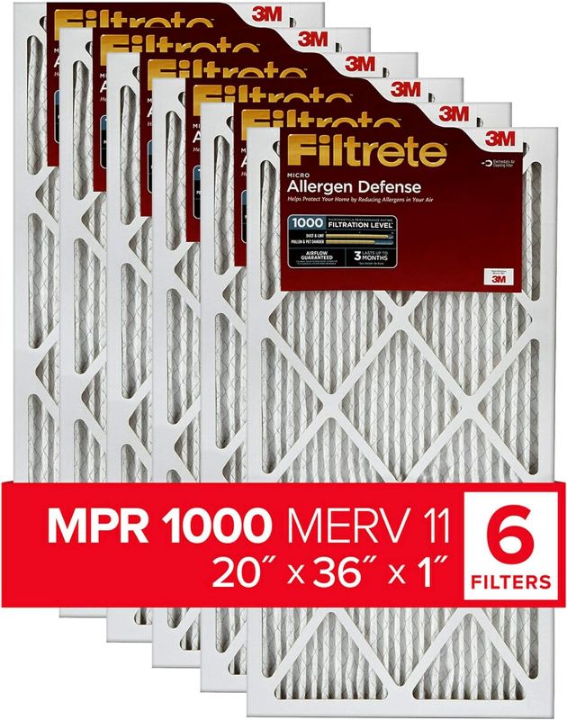 Photo 1 of Filtrete 20x36x1 AC Furnace Air Filter, MERV 11, MPR 1000, Micro Allergen Defense, 3-Month Pleated 1-Inch Electrostatic Air Cleaning Filter, 6 Pack