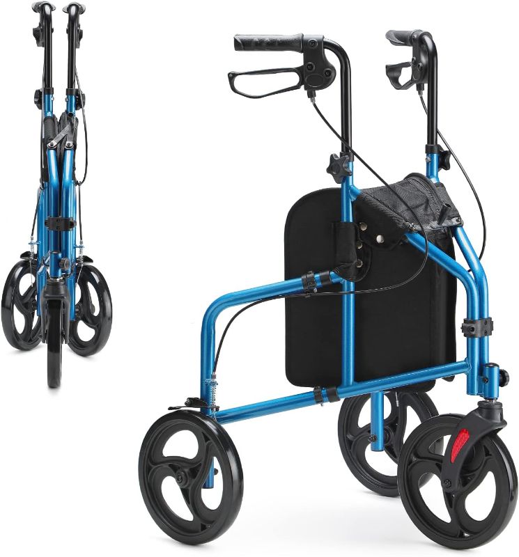 Photo 1 of OasisSpace 3 Wheel Walker for Seniors - 10” Big Wheels Three Wheeled Walker Foldable, Lightweight Rollator Walker with Large Storage Bag