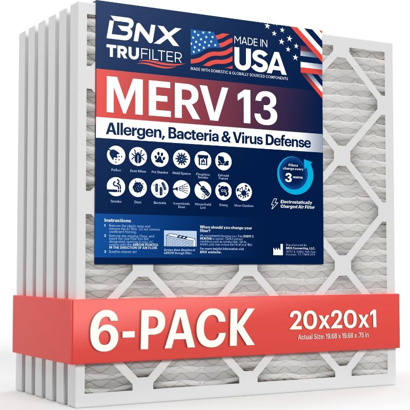 Photo 1 of BNX TruFilter 20x20x1 Air Filter MERV 13 (6-Pack) - MADE IN USA - Electrostatic Pleated Air Conditioner HVAC AC Furnace Filters for Allergies, Pollen, Mold, Bacteria, Smoke, Allergen, MPR 1900 FPR 10