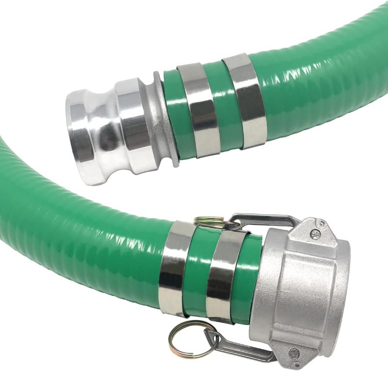 Photo 1 of Gloxco Heavy Duty Green PVC Suction Hose Assembly for Water Transfer, 2" Inside Diameter, Installed Male x Female Cam and Groove Fittings, 10 ft Length