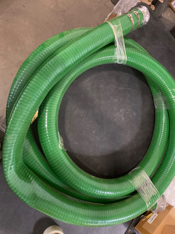 Photo 2 of Gloxco Heavy Duty Green PVC Suction Hose Assembly for Water Transfer, 2" Inside Diameter, Installed Male x Female Cam and Groove Fittings, 10 ft Length