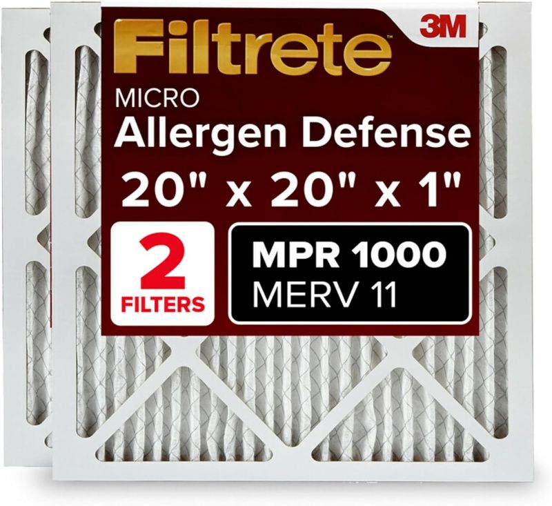 Photo 1 of Filtrete 20x20x1 AC Furnace Air Filter, MERV 11, MPR 1000, Micro Allergen Defense, 3-Month Pleated 1-Inch Electrostatic Air Cleaning Filter, 2 Pack (Actual Size 19.719 x 19.719 x 0.84 in)
