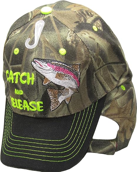 Photo 1 of Catch & Release Trout Fishing Camouflage Camo Black Bill Embroidered Cap Hat