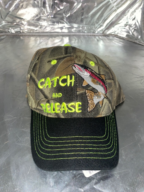 Photo 2 of Catch & Release Trout Fishing Camouflage Camo Black Bill Embroidered Cap Hat