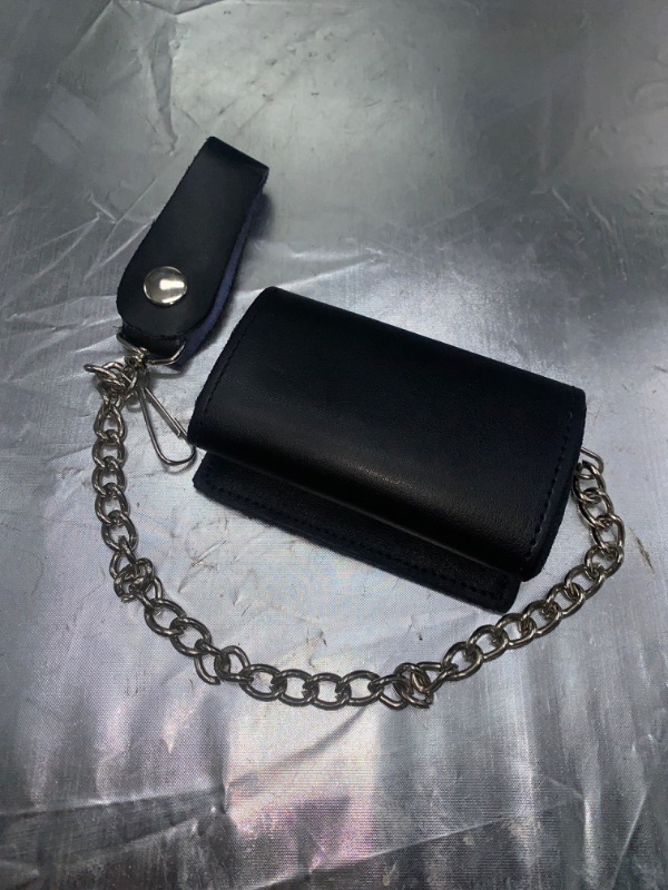 Photo 1 of Black Genuine Leather Men's Tri-Fold Biker Chain Wallet 