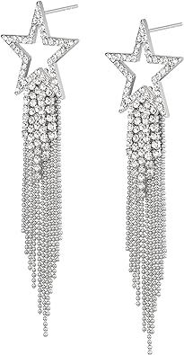 Photo 1 of EVER FAITH Star Tassel Earrings for Women & Hypoallergenic Belly Piercing Jewelry with Cubic Zirconia, Short Bar Navel Piercings Gift for Women 12mm 