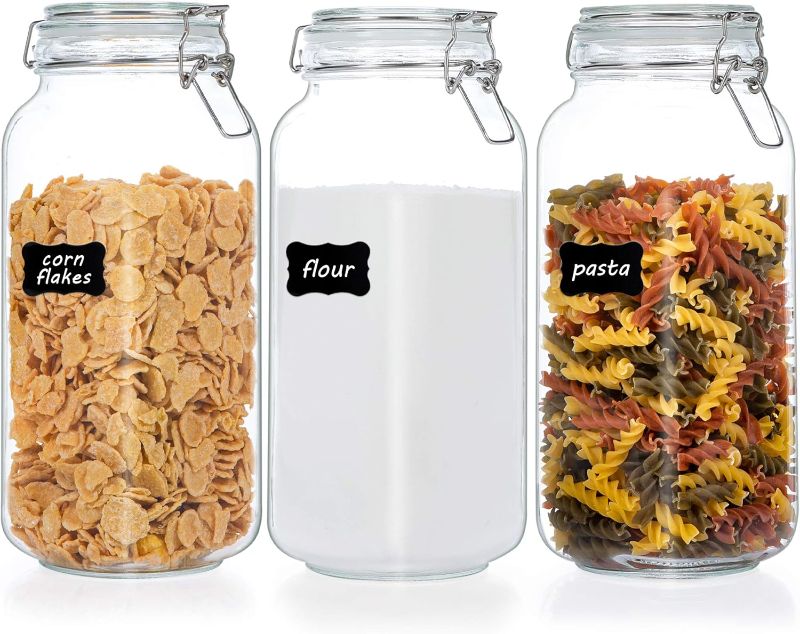 Photo 1 of Vtopmart 78oz Glass Food Storage Jars with Airtight Clamp Lids, 3 Pack Large Kitchen Canisters for Flour, Cereal, Coffee, Pasta and Canning, Square Mason Jars with 8 Chalkboard Labels
