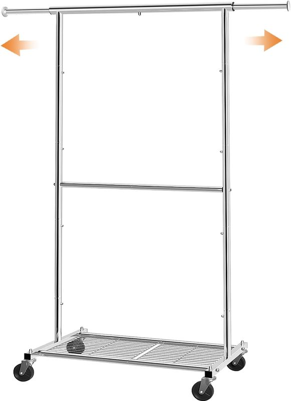 Photo 1 of Simple Trending Standard Clothing Garment Rack, Rolling Clothes Organizer with Wheels and Bottom Shelves, Extendable, Chrome
