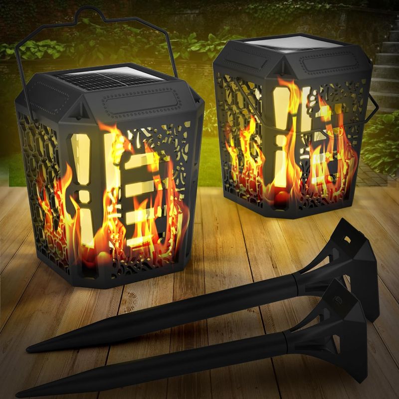 Photo 1 of 2 Pack Flickering Flame Solar Lights Outdoor - Solar Torch with Flickering Flame Waterproof- LED Solar Lanterns Outdoor Decorative - Flame Garden Solar Lanterns Outdoor Waterproof for Patio
