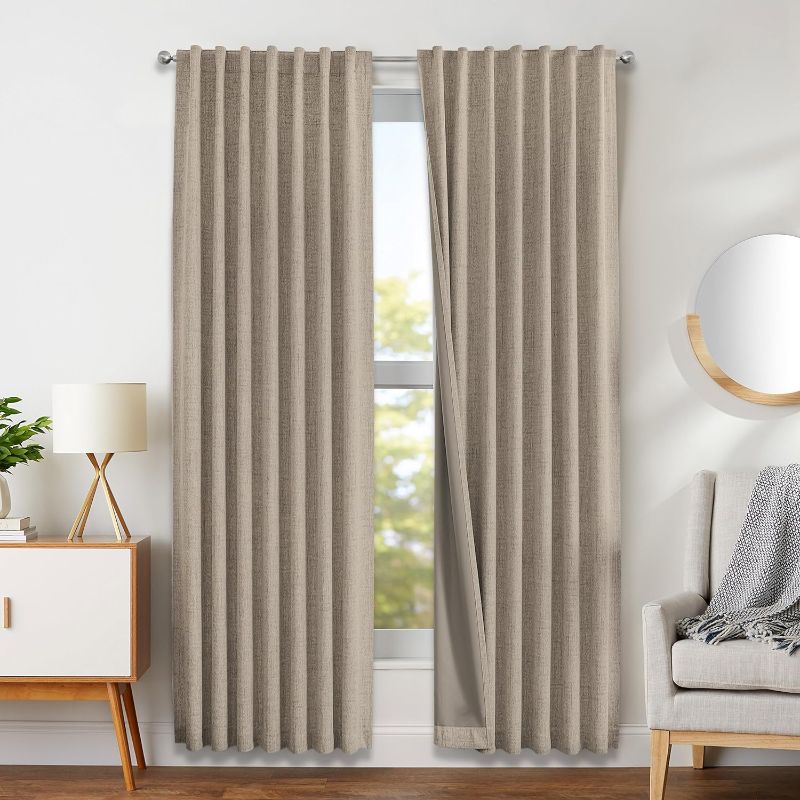 Photo 1 of Joydeco Linen Curtains 120 inches Long 100% Blackout Drapes 120 inch Length 2 Panels Set for Bedroom Living Room Black Out Darkening Curtain Thermal Insulated Back tab Rod Pocket(52x120 inch,Linen)
