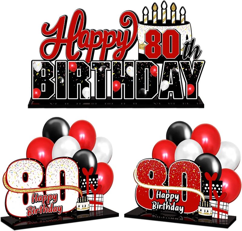 Photo 1 of Happy 80th Birthday Red Acrylic Table Topper Centerpieces Set - Cheers to Eighty Years Old Birthday 80th Bday Party Gift Decorations.
