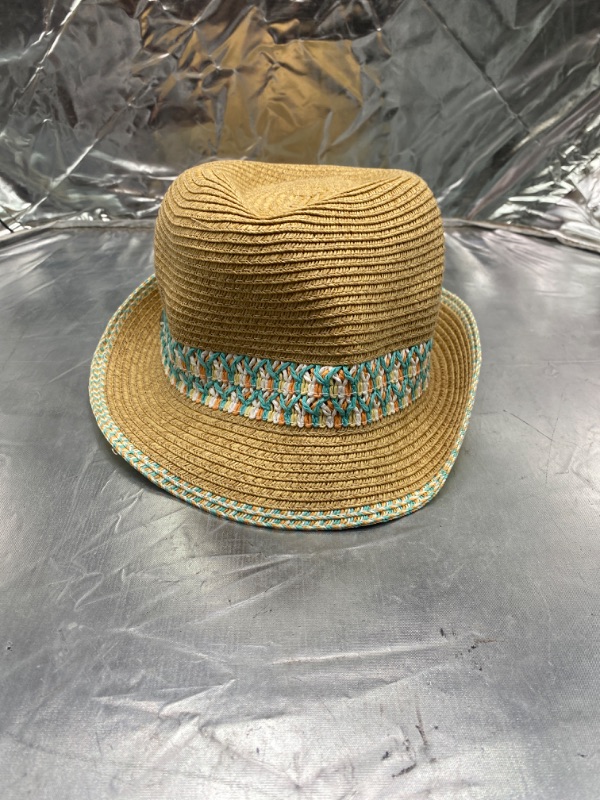 Photo 2 of Funky Junque UPF50+ Womens Adjustable Multicolor Woven Pattern Short Brim Fedora Hat
