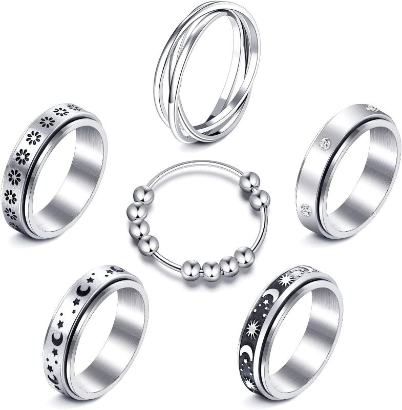 Photo 1 of Fidget Rings for Anxiety 8pcs Stainless Steel Spinner Ring Anti Anxiety Ring Spinning Moon Star Cool Stress Relieveing Rings for Women Men

