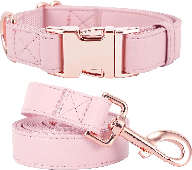 Photo 1 of Dog Collar and Leash Set.Soft and Easy to Clean Vegan Leather with Rose Gold Metal Buckle for Small Medium Large Dogs (Pink, S(12.2"-16.9"))
