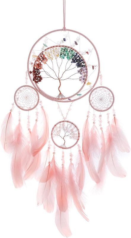 Photo 1 of 7 Chakras Dream Catchers Tree of Life Large Dream Catcher Pink Feather Wall Decor with Rainbow Healing Crystal Stone Wall Art Hanging Ornaments for Bedroom Home Decor Blessing Gift Wedding -4 Rings
