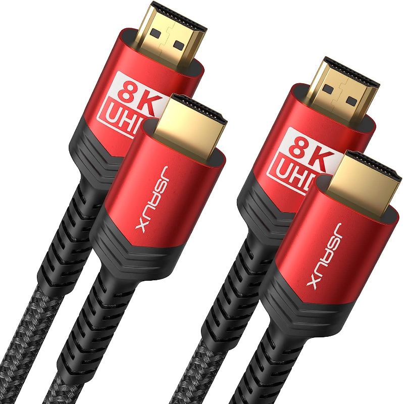 Photo 1 of 10K 8K HDMI Cable 2.1 2 Pack 6ft, JSAUX 48Gbps Ultra High Speed HDMI Cable Braided Cord, 4K@120Hz, 4K@144Hz, 8K@60Hz, HDCP 2.2&2.3, HDR 10, eARC,ARC Compatible with Dolby PS5 Monitor HDTV Soundbar-Red

