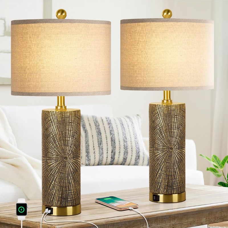 Photo 1 of Set of 2 Table Lamps with USB A+C Fast Charging Ports, 27in Gold Bedside Nightstand Lamps with Beige Linen Fabric Shade for Bedroom, Living Room, Nursery Room, Office, Study Room

