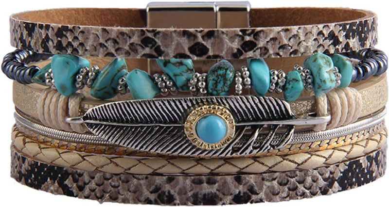 Photo 1 of GelConnie Womens Leather Cuff Bracelet Feather Multi Strand Bracelet Wrap Bracelet Turquoise Boho Bangle Braided Leather Wristbands Bohemian Jewelry Gifts for Women Teen Girls Wife Sister
