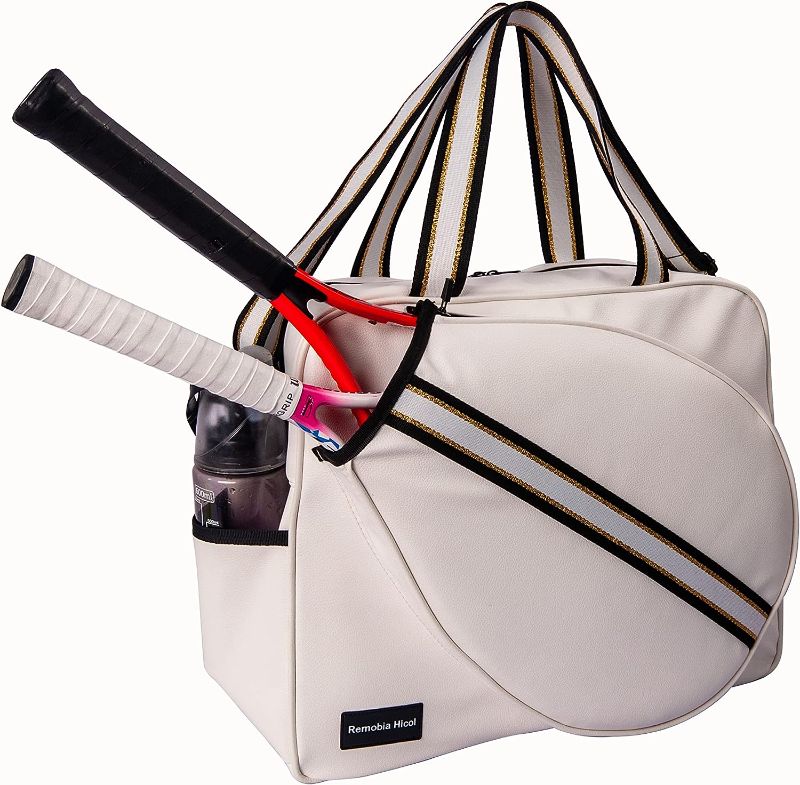 Photo 1 of White PU Leather Women Large Sports Handbag Tennis Racket Shoulder Bag Tennis Tote Bag for 2 Rackets, with Water Bottle Holder
