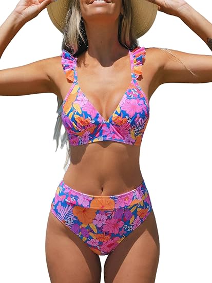 Photo 1 of Medium CUPSHE Women Bikini Sets 2 Piece Swimsuit High Waisted Bottom Floral Print Ruffle V Neck Bathing Suits
