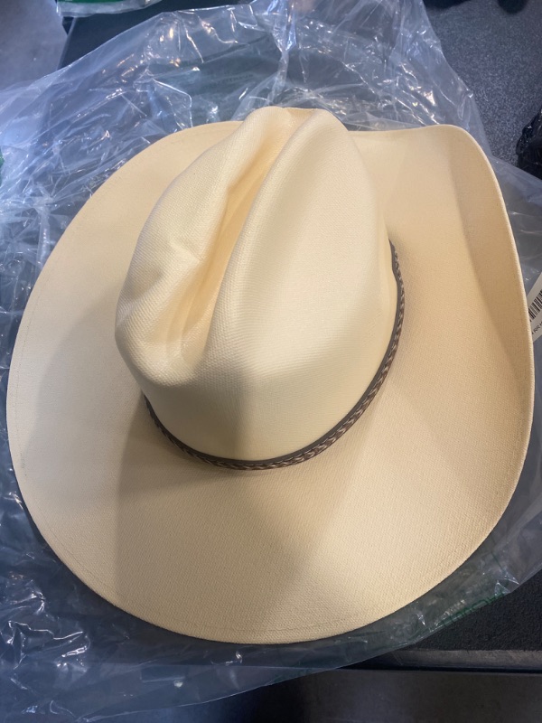 Photo 2 of Queue Essentials Classic Cattleman Straw Cowboy Hat Western Style Pinch Front Canvas Cowboy Cowgirl Hat (Small/Medium, Canvas Sand)
