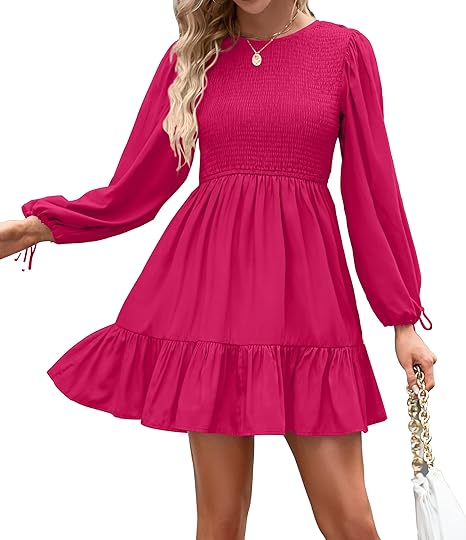 Photo 1 of Large ZESICA Women's Long Sleeve Smocked Dress 2024 Casual Crew Neck Tiered Swing Cocktail Wedding Party Mini Dresses
