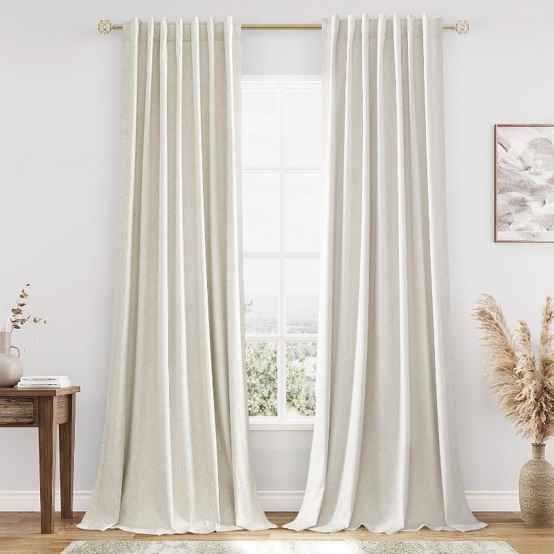 Photo 1 of Cream Linen Blackout Curtains 102 Inch Length 2 Panels Set for Living Room Bedroom Back Tab Thermal Insulated 100% Black Out Linen Drapes Room Darkening Window Curtains 102 Inches Long Ivory Natural
