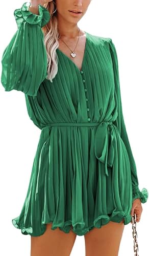 Photo 1 of Size Large Green Dokotoo Womens 2023 Summer Buttons V Neck Tie Waist Flared Pleated Drape Long Sleeve Rompers Jumpsuits 
