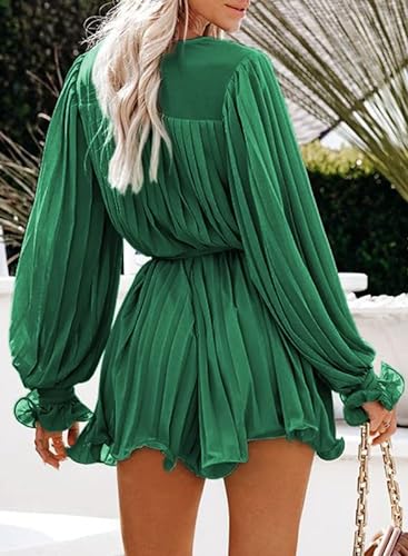 Photo 2 of Size Large Green Dokotoo Womens 2023 Summer Buttons V Neck Tie Waist Flared Pleated Drape Long Sleeve Rompers Jumpsuits 
