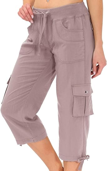 Photo 1 of XXL PINK  MoFiz Womens Capris with Pockets Loose Fit Casual Capri Pants Dressy Lightweight Ladies Baggy Cargo Pants for Hiking
