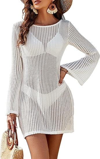 Photo 1 of SMALL WHITE Blooming Jelly Women's Swimsuit Coverup Crochet Bikini Cover Ups Hollow Out Net Longsleeve Swimwear for Beach
